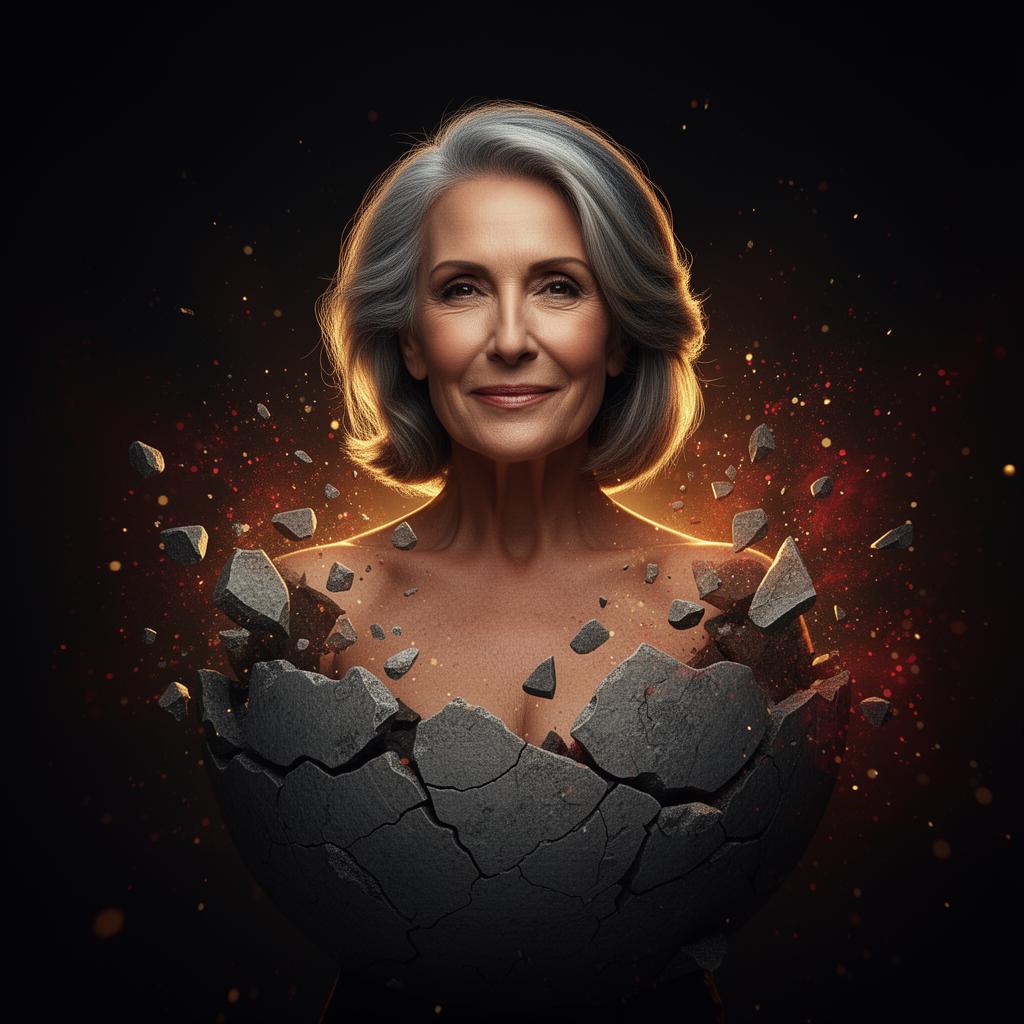 Mature woman breaking out of an old gray identity shell